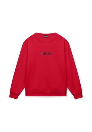 Felpa rossa a maniche lunghe con scollo a girocollo, polsini e orlo a coste, con un piccolo logo rettangolare in rilievo sul petto.