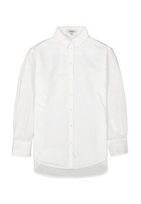 Witte langslijf knoopshirt met lange mouwen van katoen. Heeft een klassieke kraag, knoopsluiting en een licht gebogen zoom. Soepele textuur.
