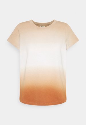 Puuvillane T-särk ümmarguse kaelusega, millel on gradientdisain kerge beežist roostevärvini alläärmel, lühikesed varrukad ja sile tekstuur.
