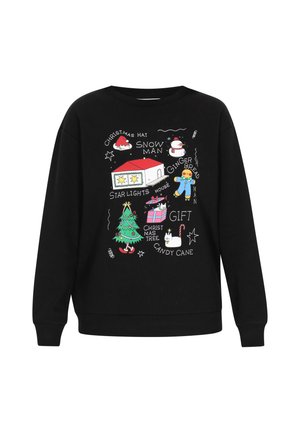 Felpa nera con grafiche colorate a tema natalizio, tra cui un pupazzo di neve, un albero di Natale e regali, con scollatura a coste.