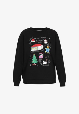Sudadera negra con gráficos coloridos de temática navideña, que incluyen un muñeco de nieve, un árbol de Navidad y regalos, con un cuello acanalado.