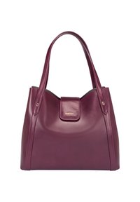 Burgundy leather tote bag with a smooth texture, dual handles, and a magnetic closure featuring a gold logo accent.
