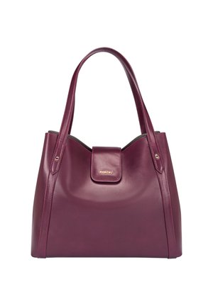 Burgunderfarbene Ledertasche mit glatter Textur, doppelten Griffen und einem Magnetverschluss, versehen mit einem goldenen Logoelement.