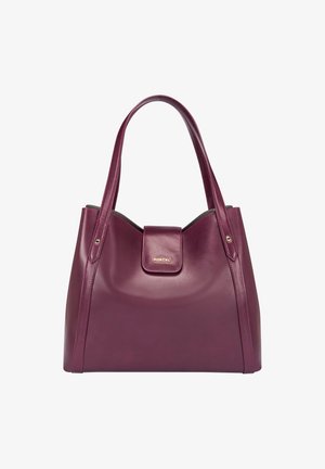 Burgundy leather tote bag with a smooth texture, dual handles, and a magnetic closure featuring a gold logo accent.