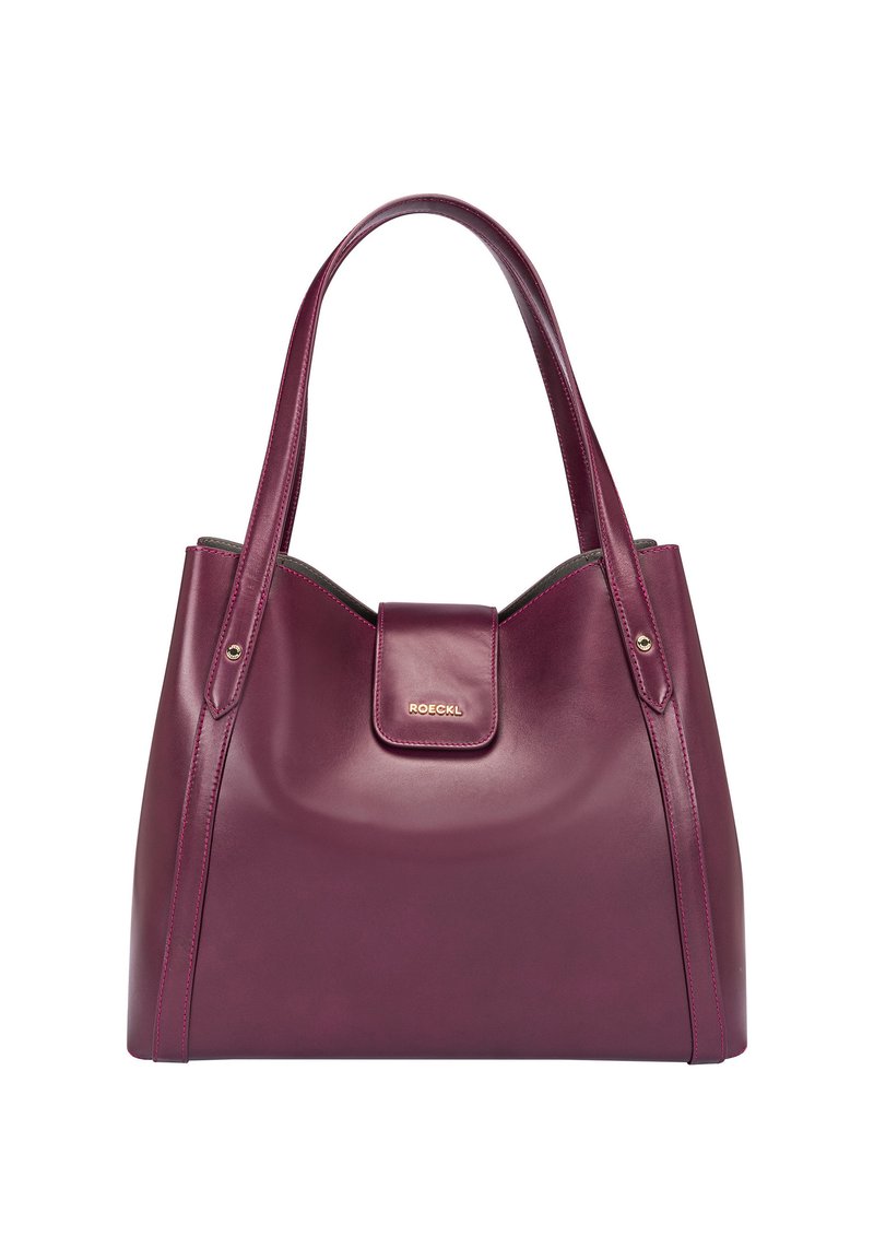 Burgundy leather tote bag with a smooth texture, dual handles, and a magnetic closure featuring a gold logo accent.