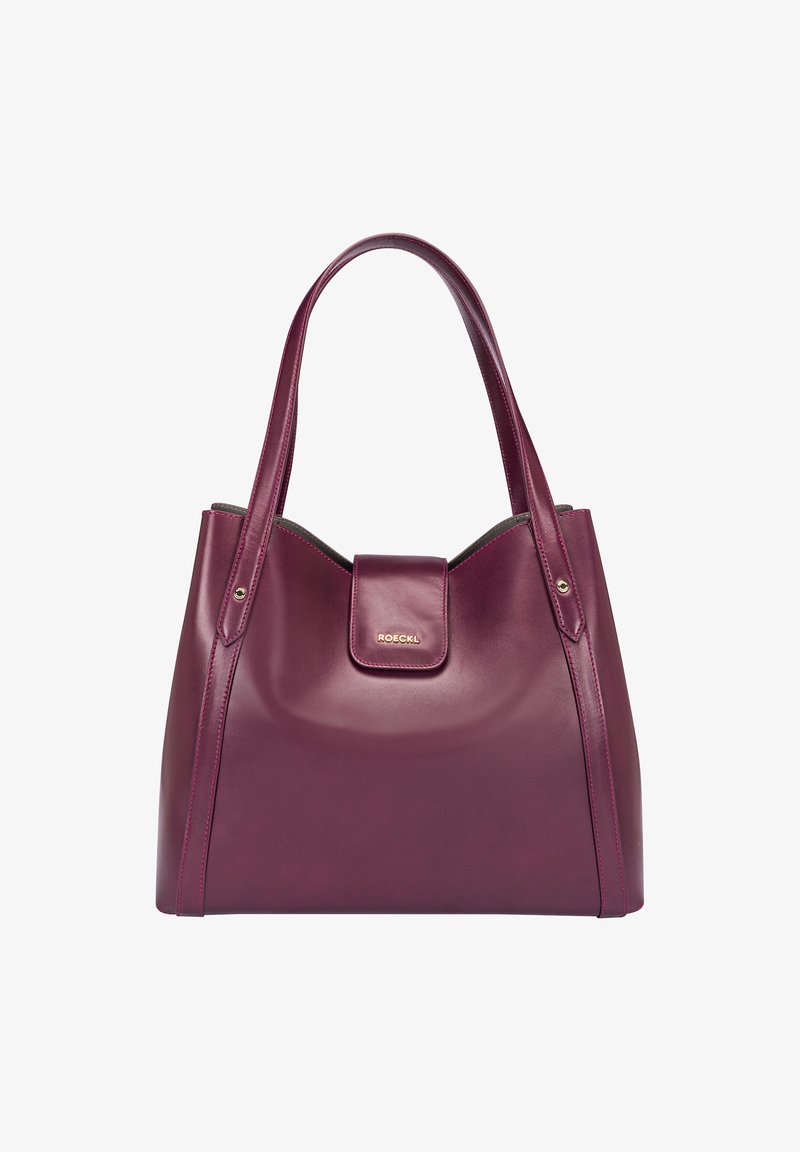 Burgunderfarbene Ledertasche mit glatter Textur, doppelten Griffen und einem Magnetverschluss, versehen mit einem goldenen Logoelement.