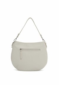 Light gray leather hobo bag with a textured surface, single adjustable strap, and a front zippered pocket for additional storage.