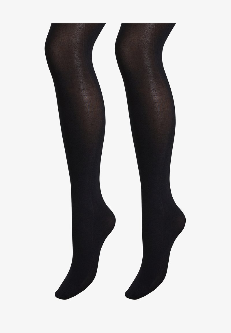 Collant neri opachi con una texture liscia e un design aderente, che coprono completamente le gambe fino alle dita dei piedi. Nessun motivo visibile o decorazioni.