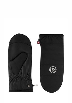 Schwarze Handschuhe aus Leder und Stoff, mit einem genähten Design, einem Reißverschluss und einem silbernen Logo-Akzent. Weiche Textur und geschwungene Form.