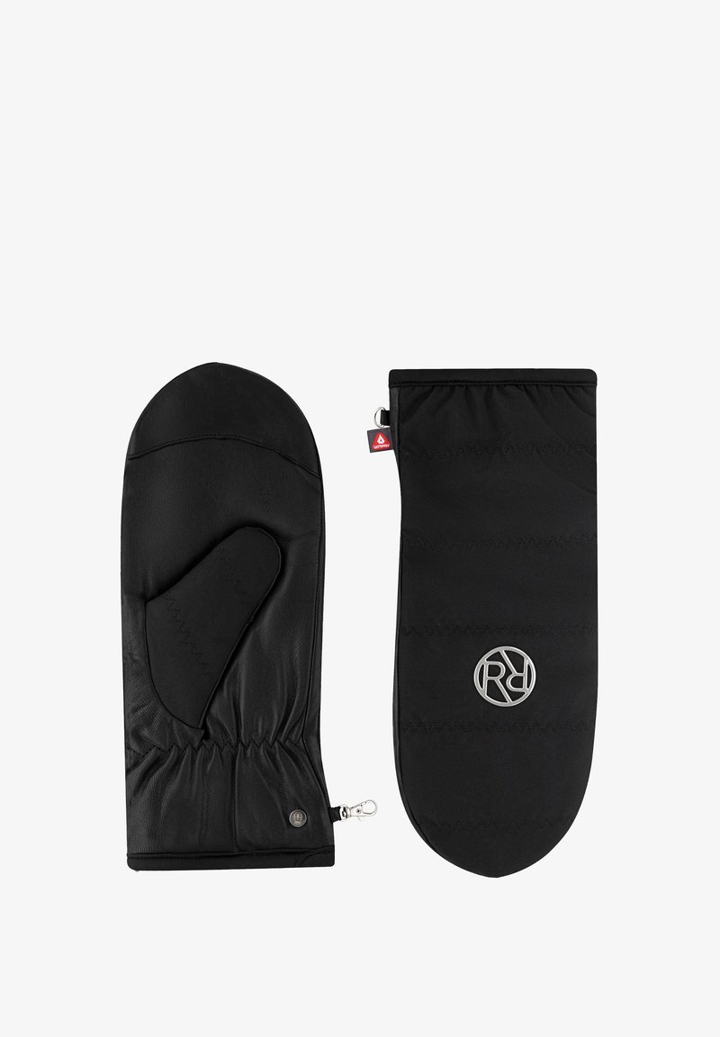 Black mittens made of leather and fabric, featuring a stitched design, a zip closure, and a silver logo accent. Soft texture and curved shape.