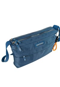 Bolso bandolera de nylon azul con dos compartimentos con cremallera, correa ajustable y superficie texturizada con detalles del logotipo.