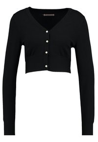 Svart kortärmad cardigan i mjukt material, med V-ringning, långa ärmar och fem pärlknappar fram.