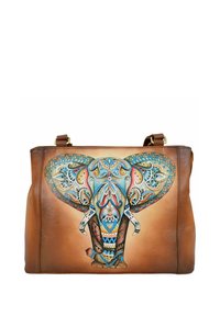 Bruine leren handtas met een kleurrijk olifantenontwerp, versierd met intrigerende patronen, accenten in blauw en rood, en gouddetails.
