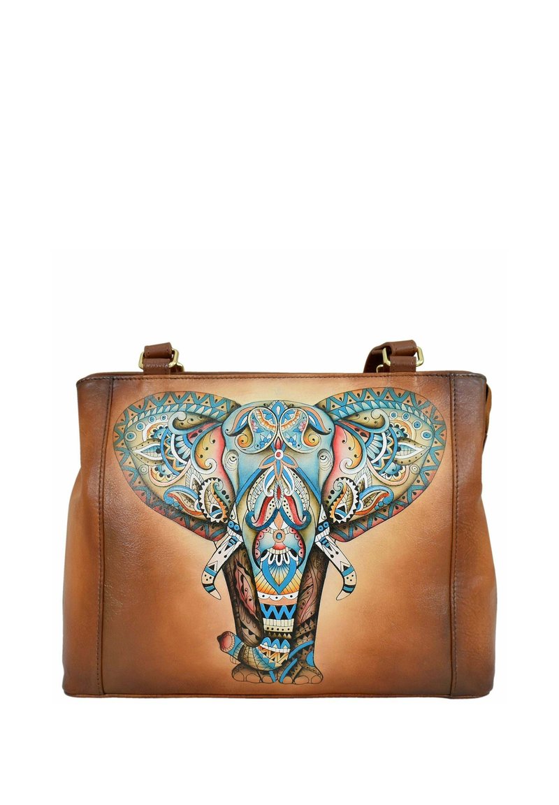 Bruine leren handtas met een kleurrijk olifantenontwerp, versierd met intrigerende patronen, accenten in blauw en rood, en gouddetails.