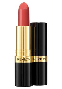 Rouge à lèvres Revlon dans un étui doré et noir, avec une mine rose lisse et arrondie. Le capuchon se ferme hermétiquement pour une utilisation facile.
