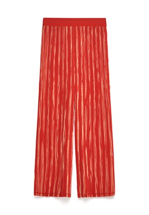Red wide-leg trousers with vertical gold stripes, featuring a smooth texture and an elastic waistband for comfort.
