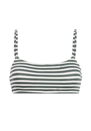 Gestreepte bikini-top in grijs en wit. Heeft dunne verstelbare bandjes en een gladde, gestructureerde stof met een beha-achtige snit.
