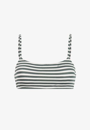 Gestreepte bikini-top in grijs en wit. Heeft dunne verstelbare bandjes en een gladde, gestructureerde stof met een beha-achtige snit.