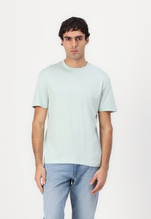 Licht mintgroen T-shirt met korte mouwen en ronde hals, gemaakt van zacht materiaal, met een klein logo in het wit op de voorkant gedrukt.