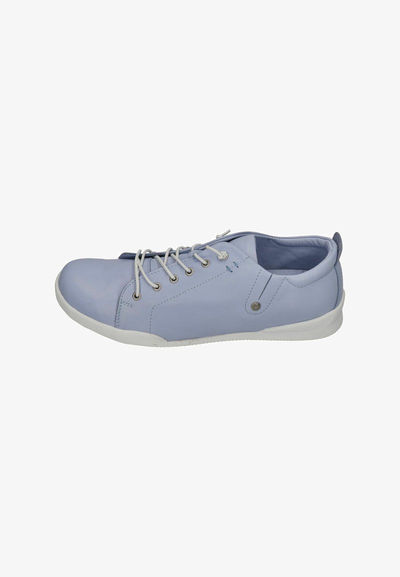 Light blue leather sneaker with white sole, rounded toe, lace-up design, and subtle stitching details. Features a small, circular metal accent.
