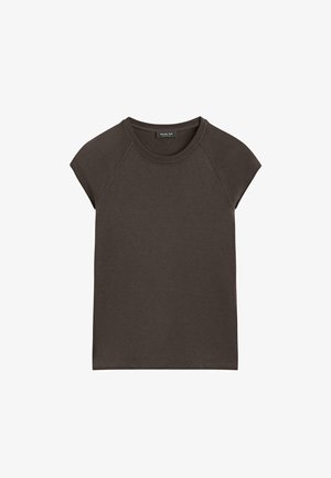 Hnědé bavlněné tričko s krátkými raglánovými rukávy, kulatým výstřihem a volným střihem, s jednotnou barvou bez vzorů nebo akcentů.