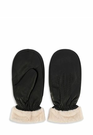 Czarne skórzane rękawice z miękkim beżowym kołnierzykiem z sztucznego futra. Posiadają osobną część na kciuk oraz dekoracyjne przeszycia na dłoni.