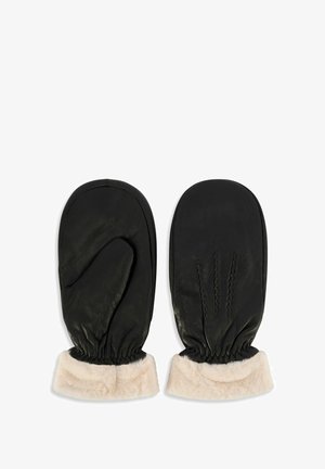 Czarne skórzane rękawice z miękkim beżowym kołnierzykiem z sztucznego futra. Posiadają osobną część na kciuk oraz dekoracyjne przeszycia na dłoni.