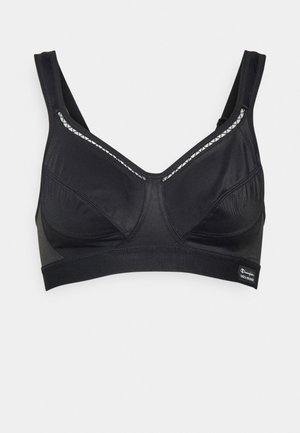 Top desportivo preto com um tecido suave e semelhante a seda, alças ajustáveis e um padrão geométrico ao longo da gola. Projetado para conforto e suporte.