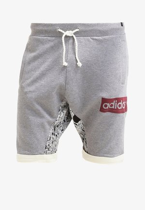 Graue Baumwollshorts mit weißer Einfassung, ausgestattet mit einem grafischen Design und einem roten Logoaufnäher. Kombiniert mit einem enganliegenden weißen Baumwoll-T-Shirt und weißen Turnschuhen.