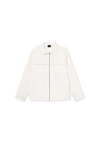 White zip-up jacket with a collar, two chest pockets, and long sleeves. Made of a soft fabric with a smooth texture.