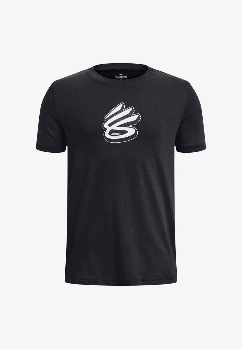 Zwart T-shirt van katoen met een wit logo op de voorkant. Rondhals ontwerp met korte mouwen en een standaard pasvorm.