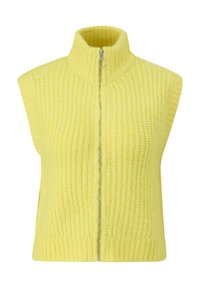Gelber Strickpullover mit hohem Kragen, durchgehendem Reißverschluss, geripptem Saum und strukturiertem Muster. Ärmelloses Design mit weicher Oberfläche.