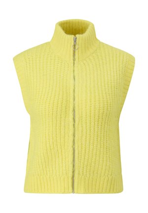 Żółta dzianinowa kamizelka z wysokim kołnierzem, pełnym zamkiem z przodu, prążkowanym dołem i fakturowanym wzorem. Bezrękawnik z miękkim wykończeniem.