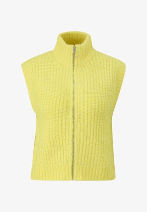 Gelber Strickpullover mit hohem Kragen, durchgehendem Reißverschluss, geripptem Saum und strukturiertem Muster. Ärmelloses Design mit weicher Oberfläche.