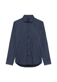 Camicia a maniche lunghe blu navy con un piccolo motivo a pois, chiusura a bottoni e colletto tradizionale. Tessuto liscio con orlo curvo.