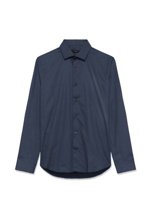 Tumedat sinine pikkade varrukatega särk, millel on väike täpiline muster, nööpidega ees ja traditsiooniline krae. Sile kangas, millel on kõverall.