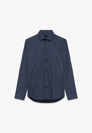 Tumedat sinine pikkade varrukatega särk, millel on väike täpiline muster, nööpidega ees ja traditsiooniline krae. Sile kangas, millel on kõverall.