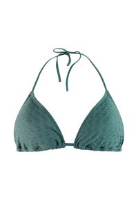 Top de bikini triangular de tela texturizada verde azulado con cuello halter y tira trasera ajustable.
