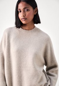 Maglione beige in maglia realizzato in materiale morbido e peloso, con scollatura rotonda e vestibilità ampia, spalle leggermente cadute e polsini a coste.
