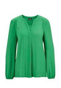 Blusa verde a maniche lunghe realizzata in tessuto leggero. Presenta un colletto a V e maniche leggermente arricciate con polsini elastici.