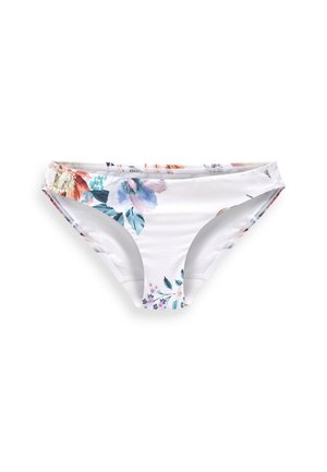Gėlių bikini kelnaitės su baltu fonu, puošti spalvingais gėlių ir lapų raštais. Pagamintos iš lygaus audinio, turi vidutinį sukirpimą.