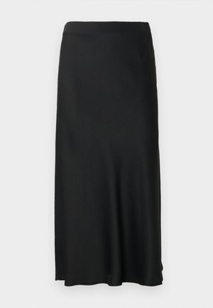 Falda midi negra con textura suave, que cuenta con una abertura lateral en la izquierda y una cinturilla elástica, ofreciendo un diseño sencillo y clásico.