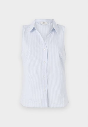 Bezrukávová modro-biela pruhovaná košeľa s golierom, zapínaním na gombíky a rovnou spodnou časťou. Vyrobená z ľahkej látky.