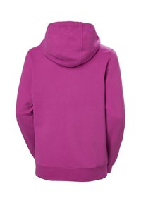 Sudadera fucsia con bolsillo frontal y capucha ajustable. Cuenta con puños y dobladillo acanalados, hecha de una tela suave con una textura lisa.
