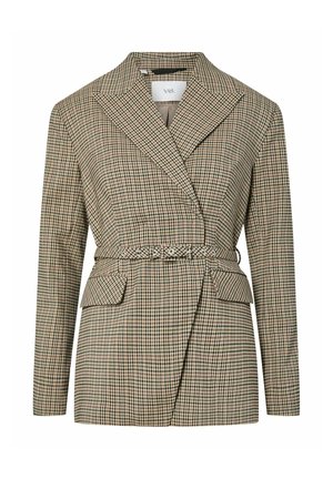 Geruite blazer in beige en bruine tinten, met een tailleband, revers met inkeping en twee zakken aan de voorkant. Gemaakt van een gestructureerde stof.