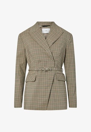 Rutete blazer i beige og brune toner, med belte i livet, hakkede slag og to frontlommer. Laget av teksturert stoff.