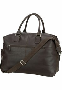 Sac de sport en cuir marron foncé avec doubles poignées, une sangle d'épaule réglable, une poche zippée à l'avant et une surface texturée.