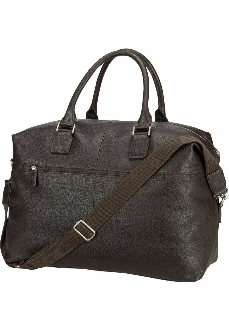 Sac de sport en cuir marron foncé avec doubles poignées, une sangle d'épaule réglable, une poche zippée à l'avant et une surface texturée.