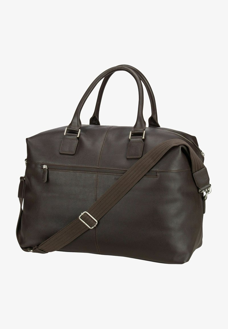Dunkelbraune Leder-Duffle-Tasche mit doppelten Griffen, einem verstellbaren Schultergurt, einer vorderen Reißverschlusstasche und strukturiertem Oberflächenmaterial.