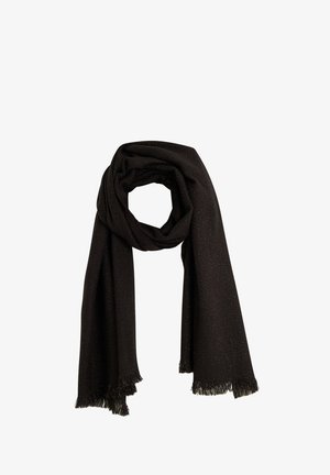 Foulard noir avec un motif texturé, présentant des bords frangés et un matériau doux, conçu pour la chaleur et les superpositions.